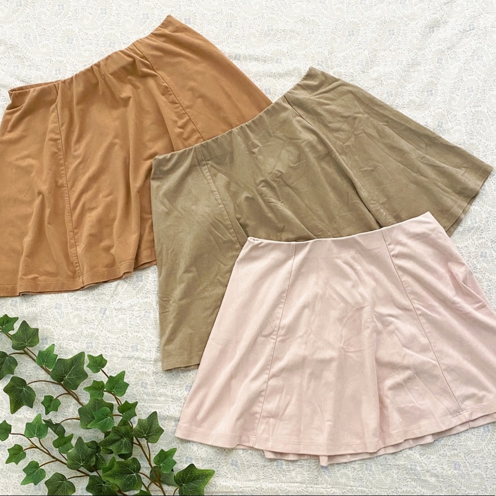 3 F21 (juniors) faux suede stretchy skater skirts, tan pink